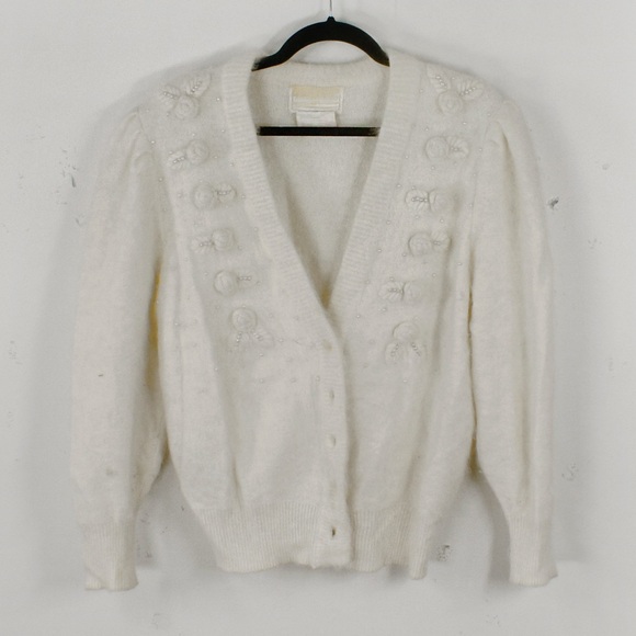 Vintage Angora Wool Knot White Beaded Floral Fuzzy Cardigan Sweater - Picture 4 of 6